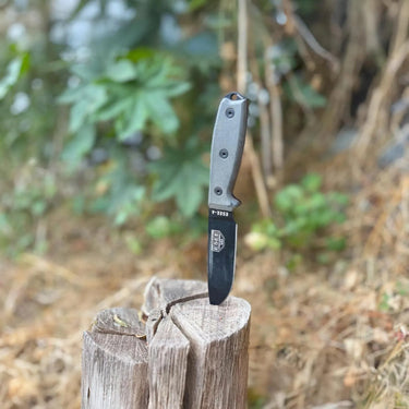 ESEE-4 fixed blade knife with a black drop-point blade and gray Micarta handle, stuck in a wood stump outdoors.