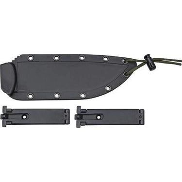 ESEE-6P-B survival knife with black blade, plain edge, black molded sheath, and two black mounting clips.