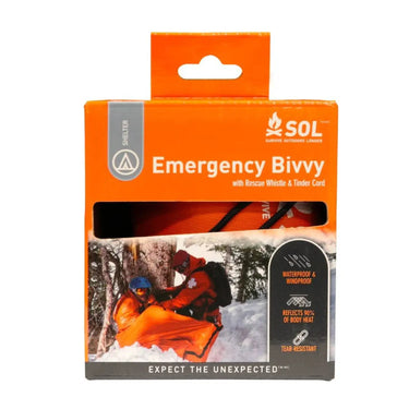 Orange SOL Emergency Bivvy packaging with product features and an image of someone using the bivvy in snow.