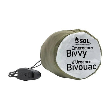 Compact OD green emergency bivvy with SOL logo, "Emergency Bivvy" text, and attached black rescue whistle.