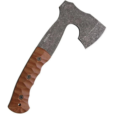 ESEE Gibson Axe: black oxide stone-wash bearded axe with brown sculpted Micarta handle.