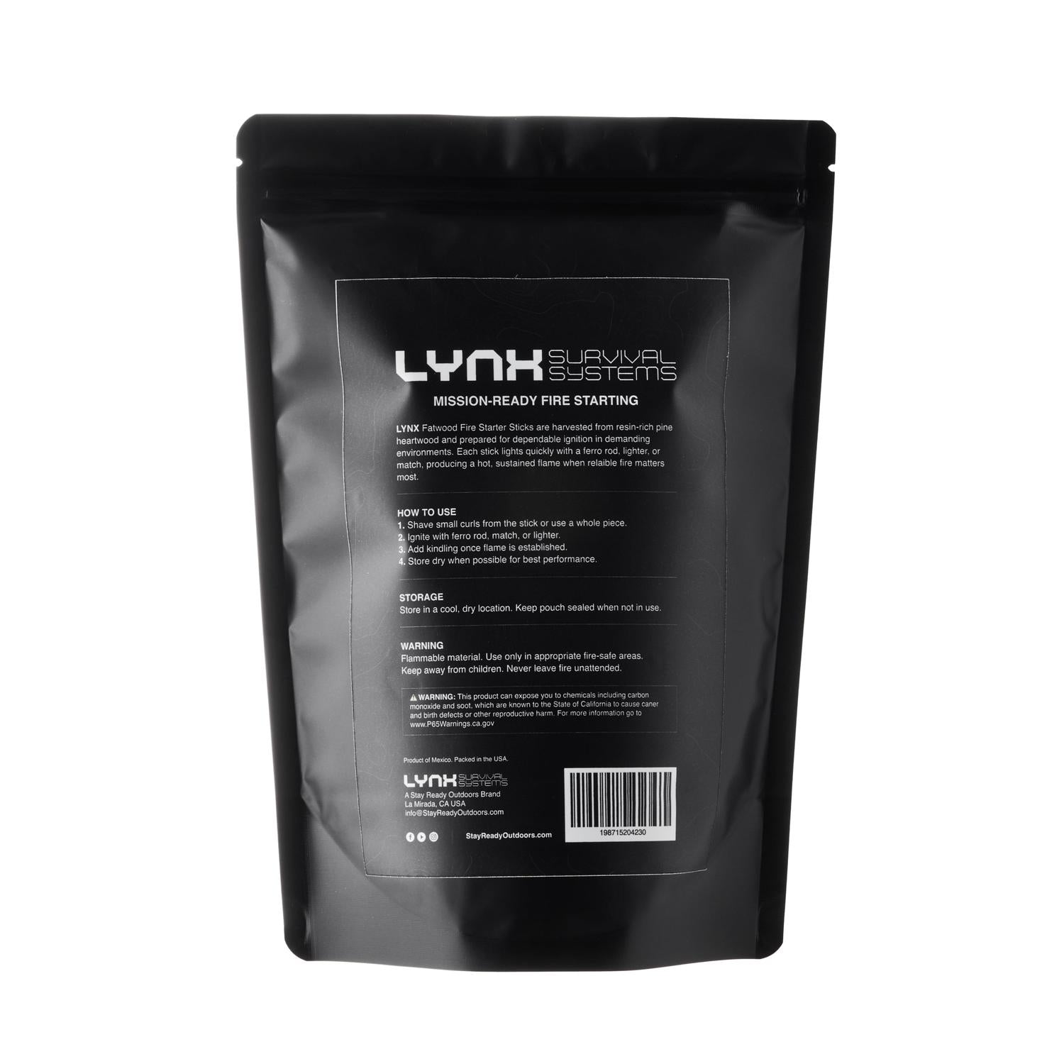 Black pouch of LYNX Survival Systems Fatwood Fire Starter Sticks with product description and barcode.