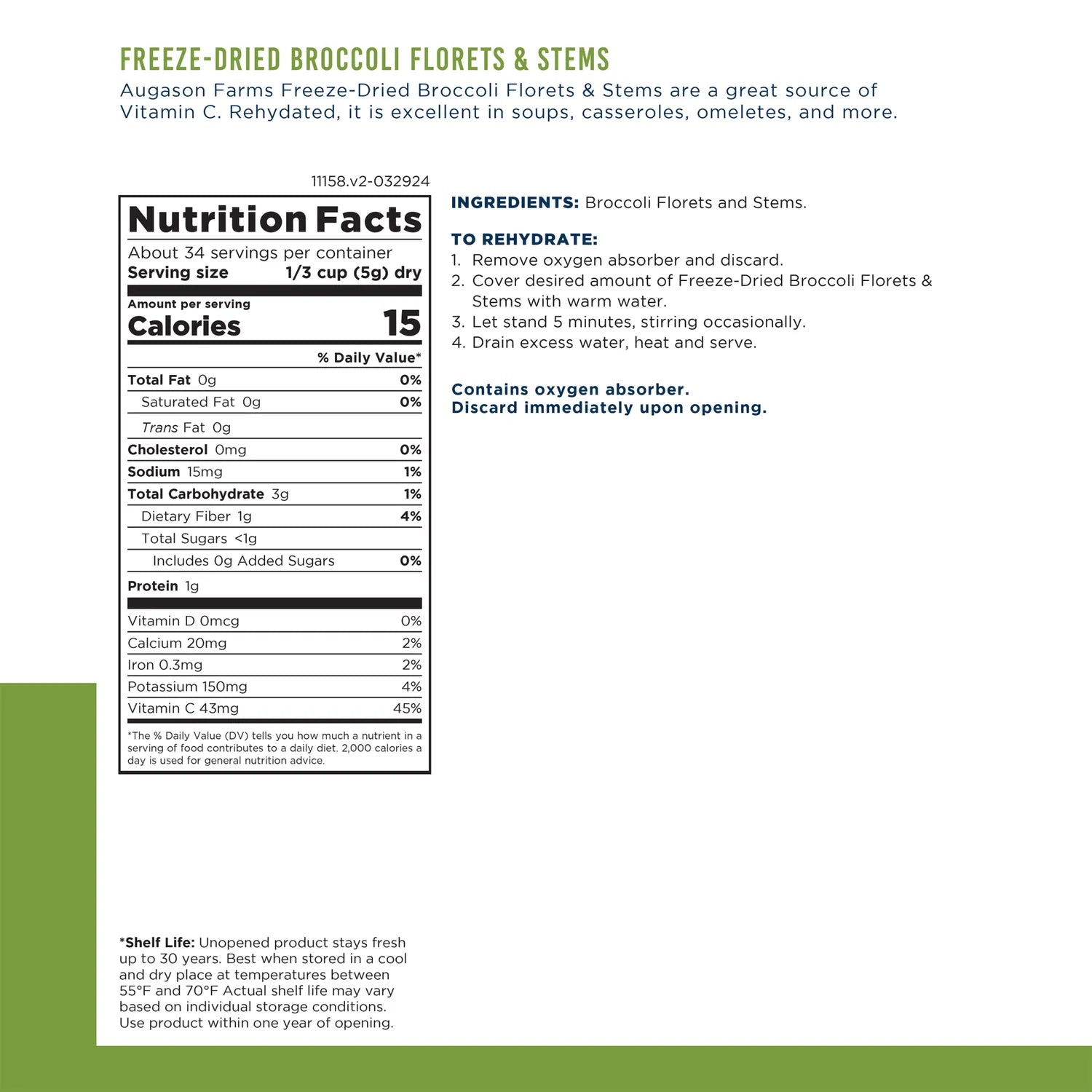 Freeze Dried Broccoli Florets & Stems Can – 34 Servings