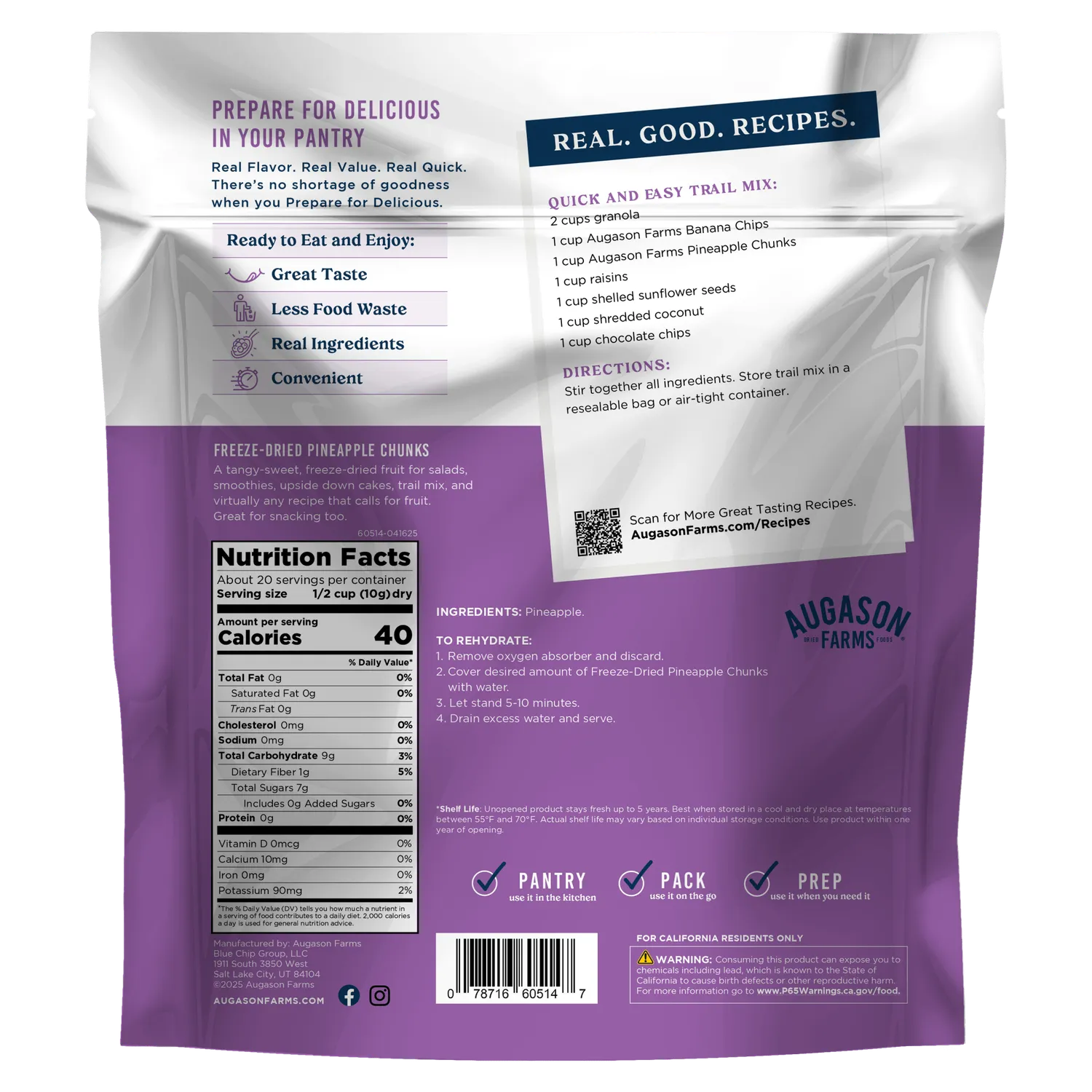 Freeze Dried Pineapple Chunks Family Size Pouch – 20 Servings