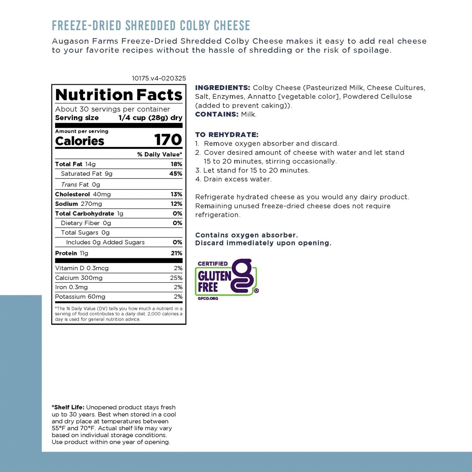 Freeze-Dried Shredded Colby Cheese Can – 30 Servings