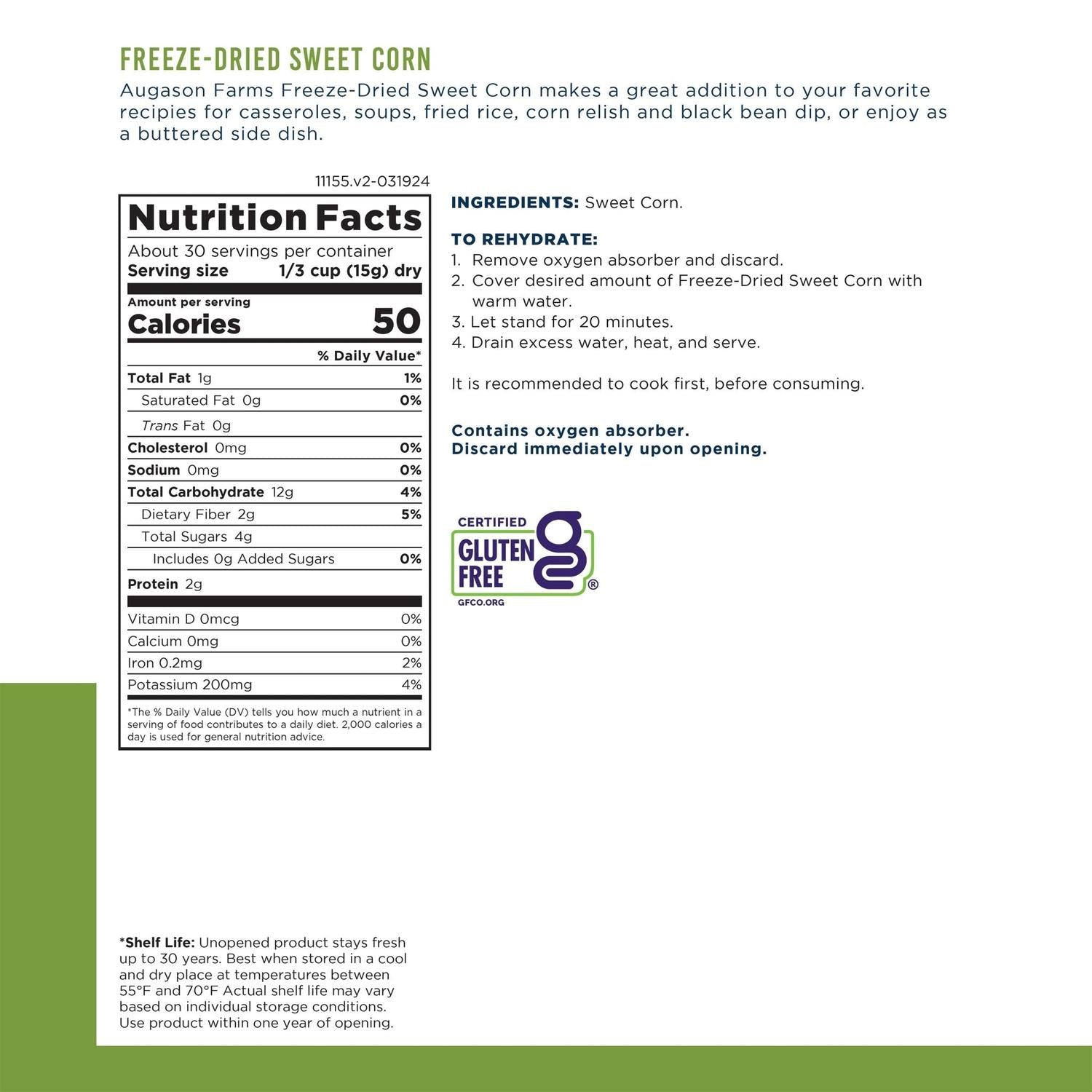 Freeze Dried Sweet Corn Can, 30 Servings