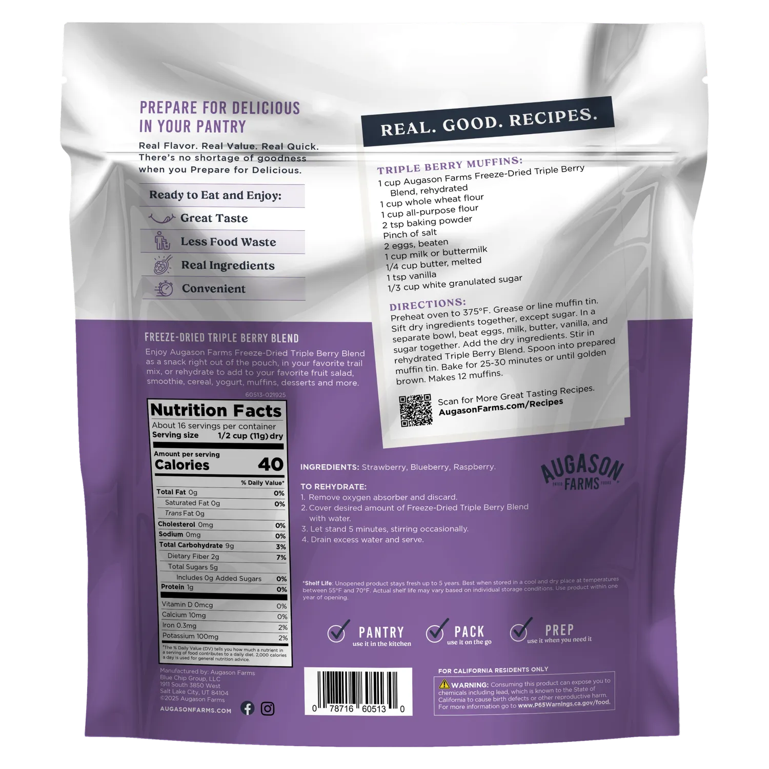 Freeze Dried Triple Berry Blend Family Size Pouch, 16 Servings