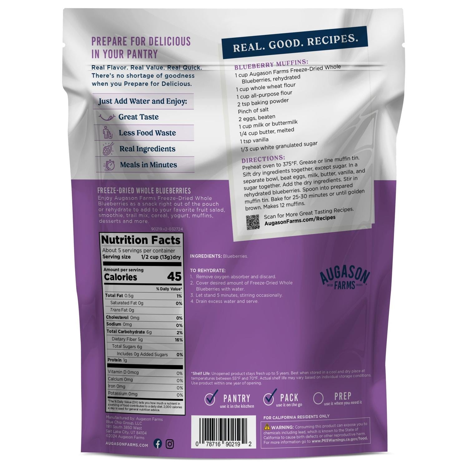 Freeze Dried Whole Blueberries Pouch – 5 Servings