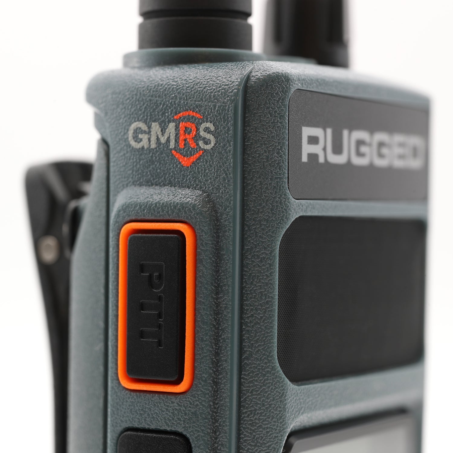 Rugged GMR5 handheld radio showing removable upgradeable antenna