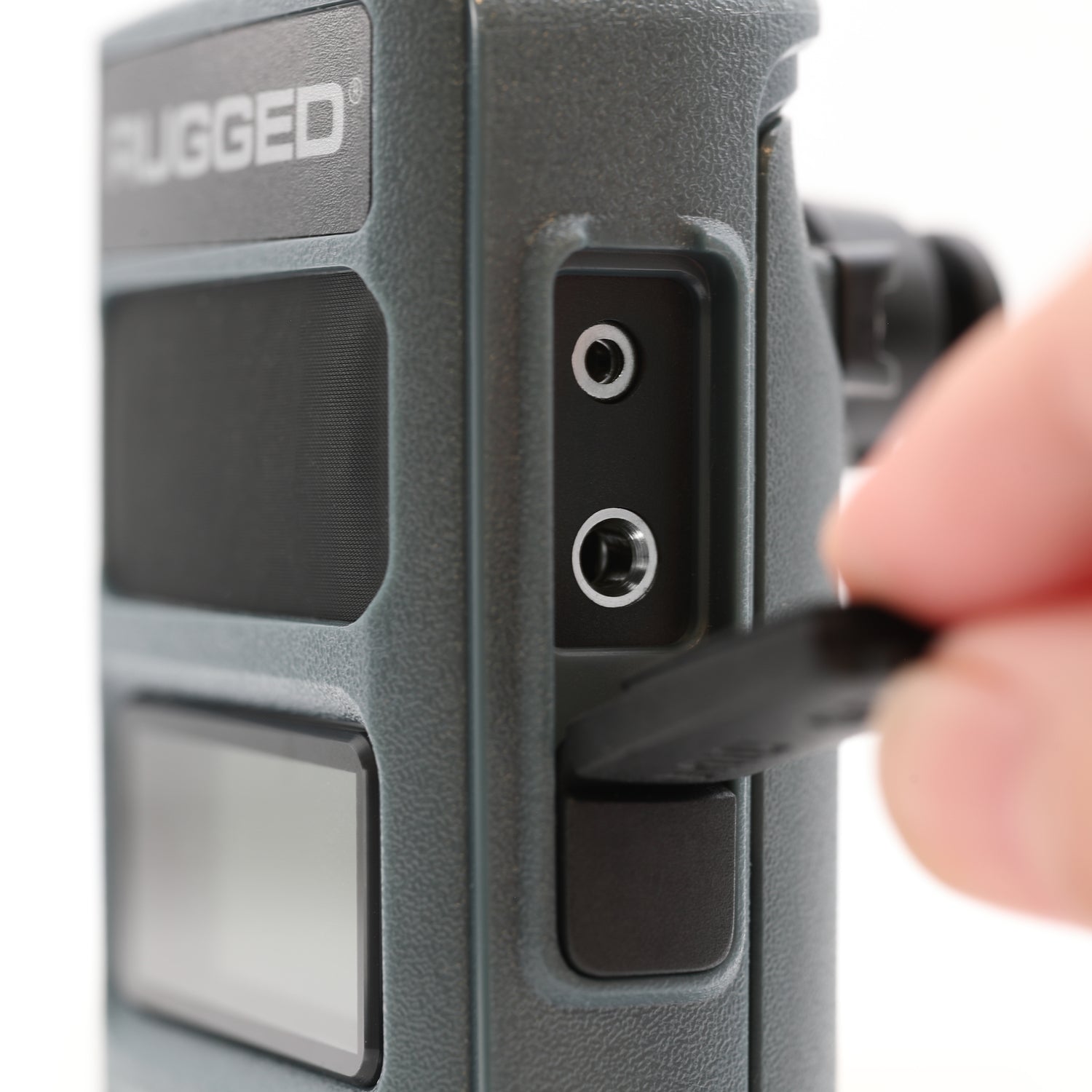 Rugged GMR5 handheld radio with USB-C charging port detail