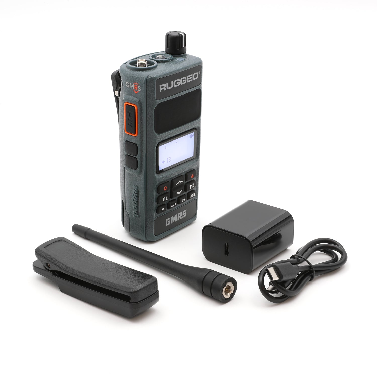 Rugged GMR5 handheld radio with included belt clip and USB-C charging cable