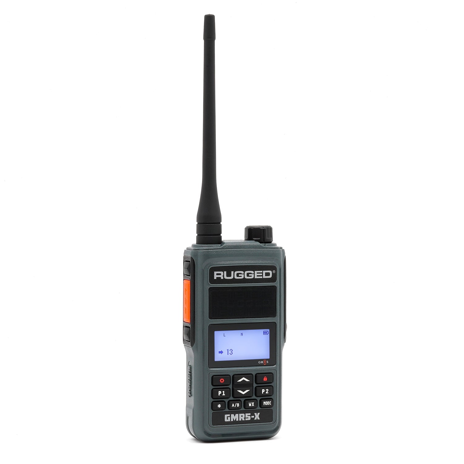 Rugged GMR5-X waterproof 5W GMRS handheld radio in grey, front view