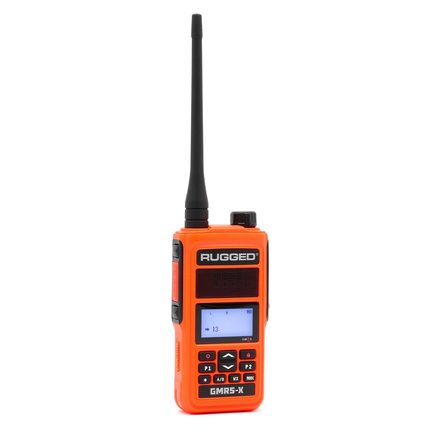Rugged GMR5-X waterproof 5W GMRS handheld radio in safety orange, front view