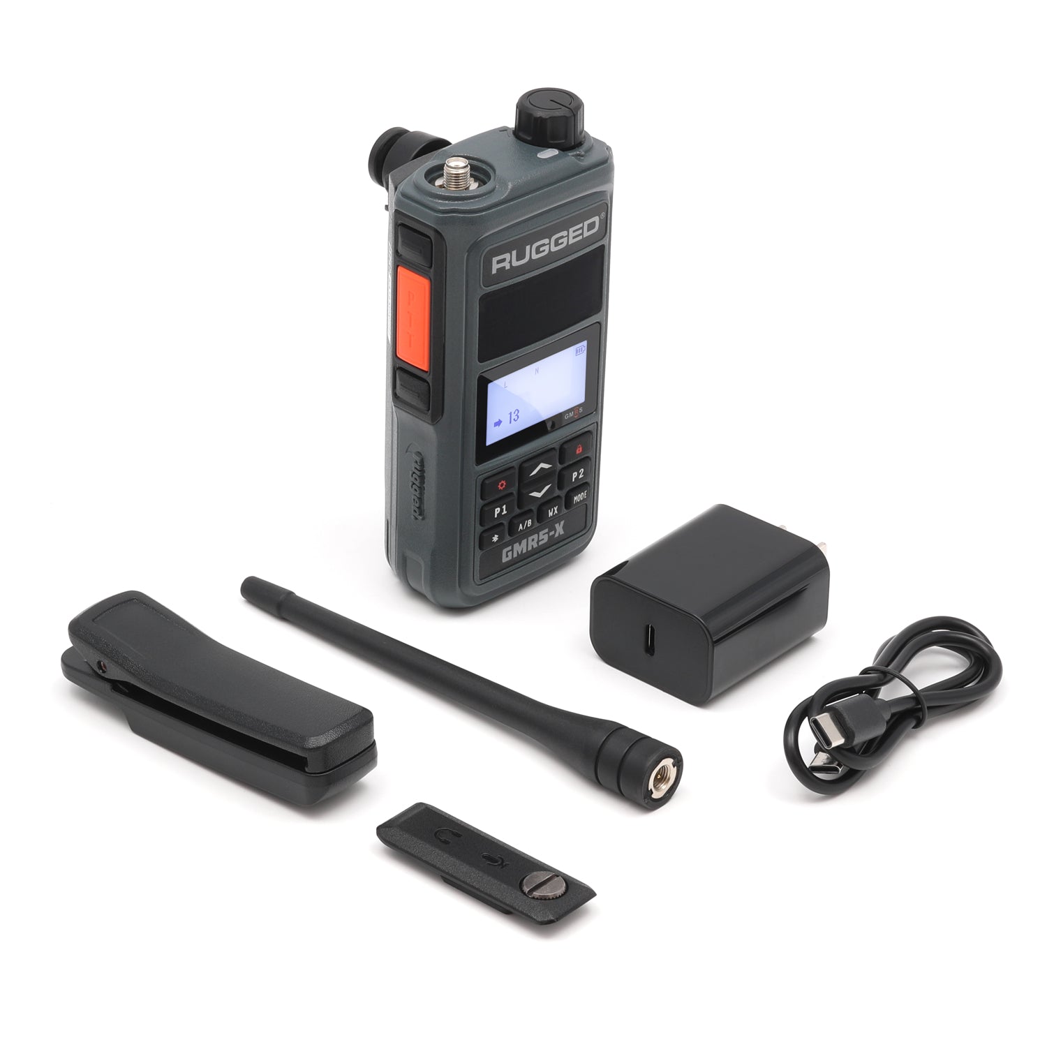 Rugged GMR5-X handheld radio with included belt clip and USB-C charging cable