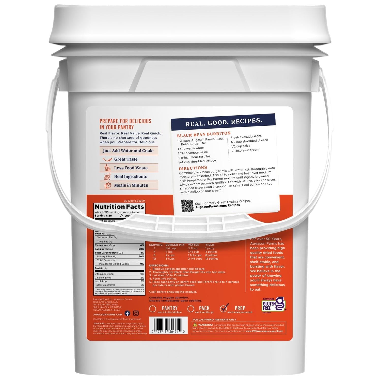 Gluten-Free Black Bean Burger Mix 4-Gallon Pail – 215 Servings