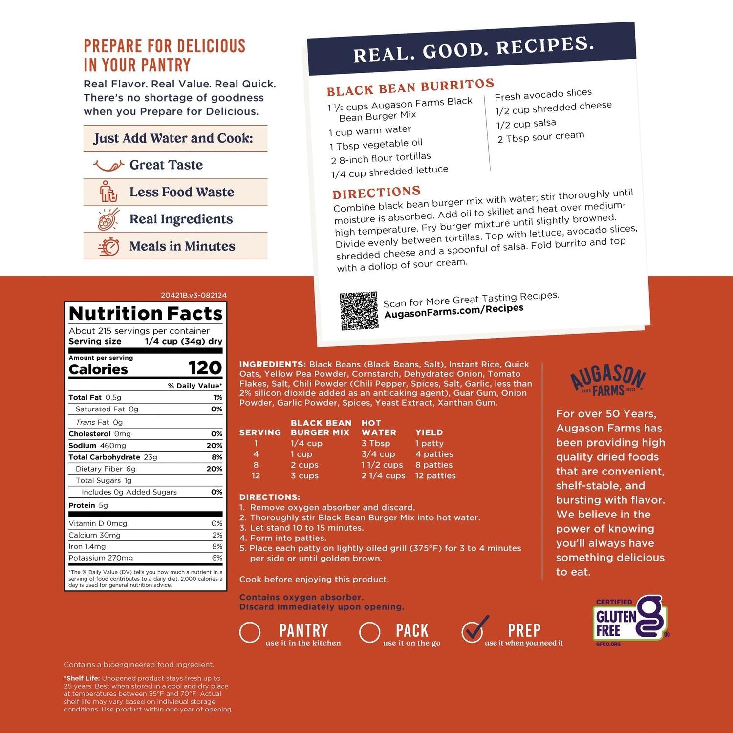 Gluten-Free Black Bean Burger Mix 4-Gallon Pail – 215 Servings