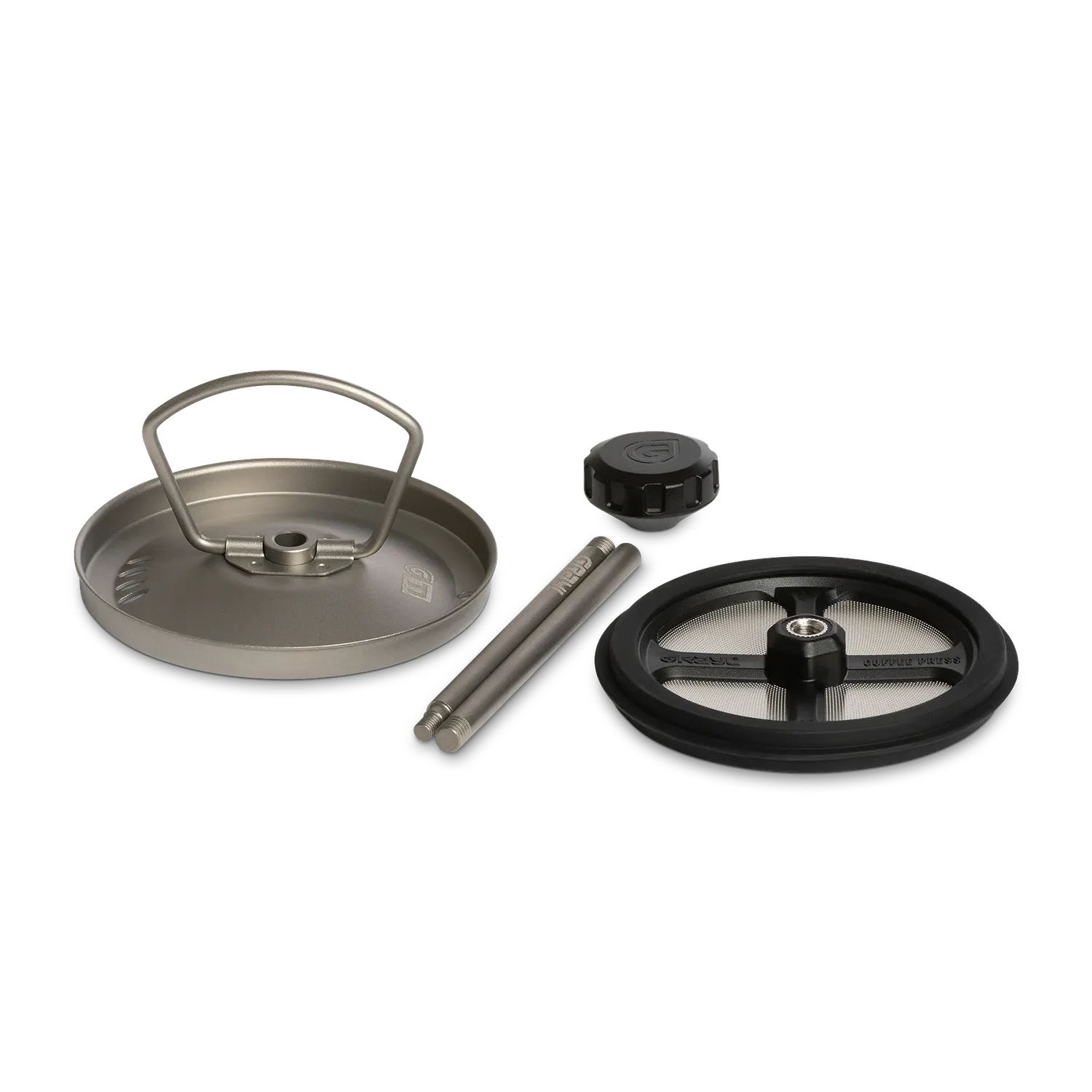 Grayl GeoPress Ti Coffee Press components: titanium lid with handle, two titanium rods, black plunger with mesh filter.