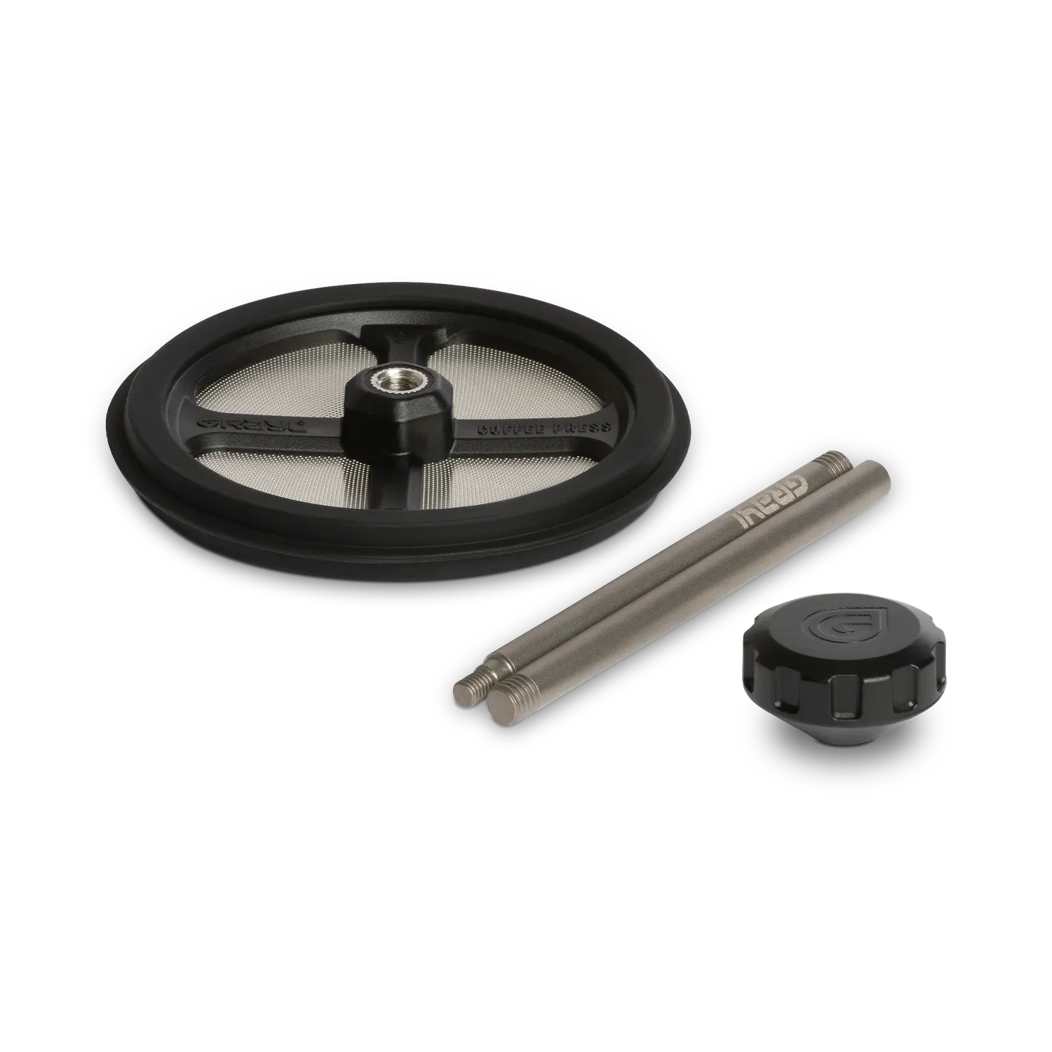 Grayl GeoPress® Ti Coffee Press components: black filter, two titanium rods, and black cap.