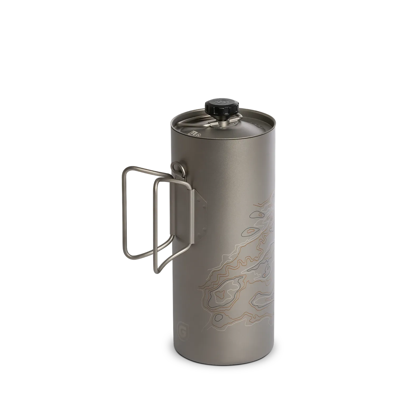 Grayl GeoPress® Ti bottle with coffee press, cook lid, and topographic map design.