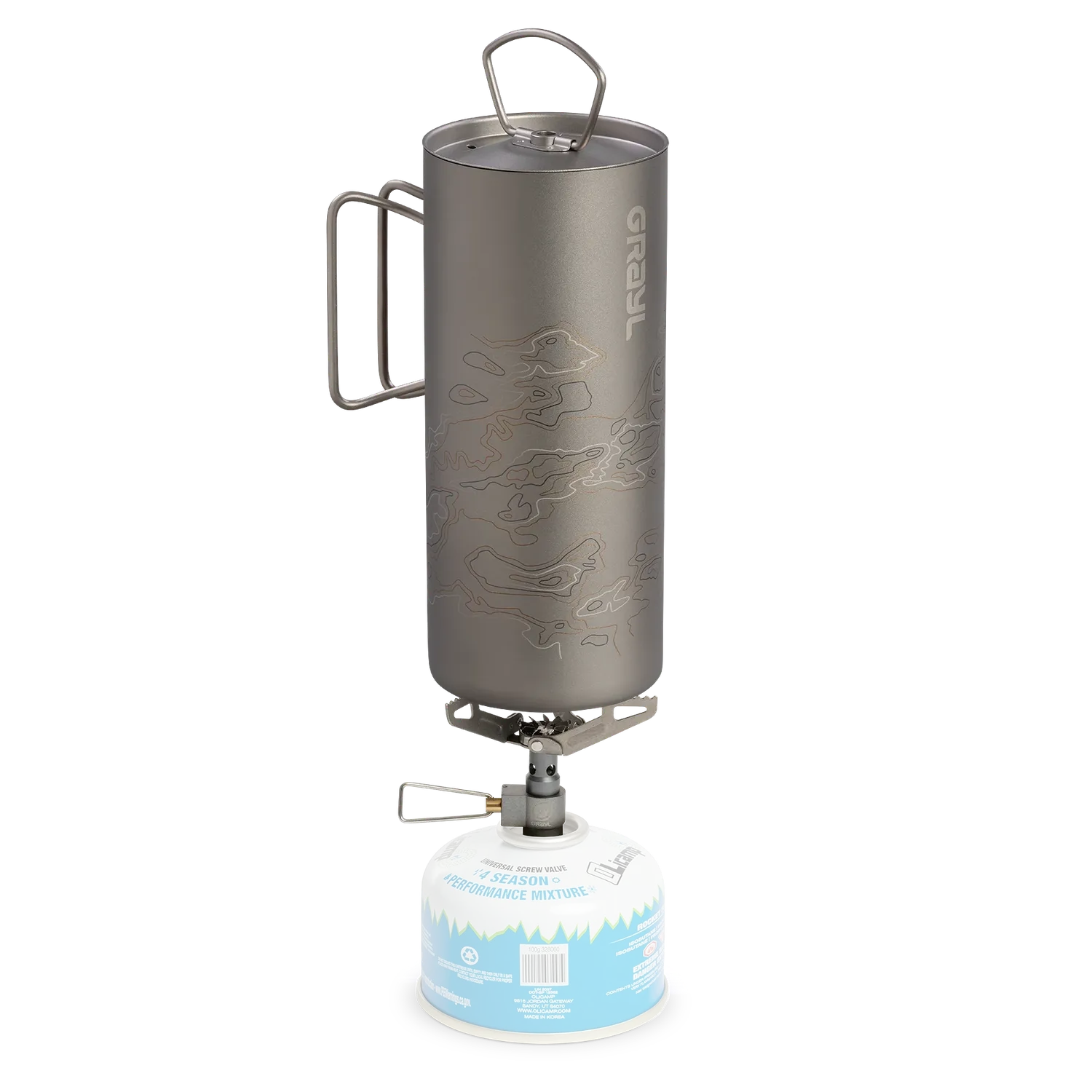 Grayl GeoPress Ti 24oz titanium purifier with topographic map design, on a portable stove.