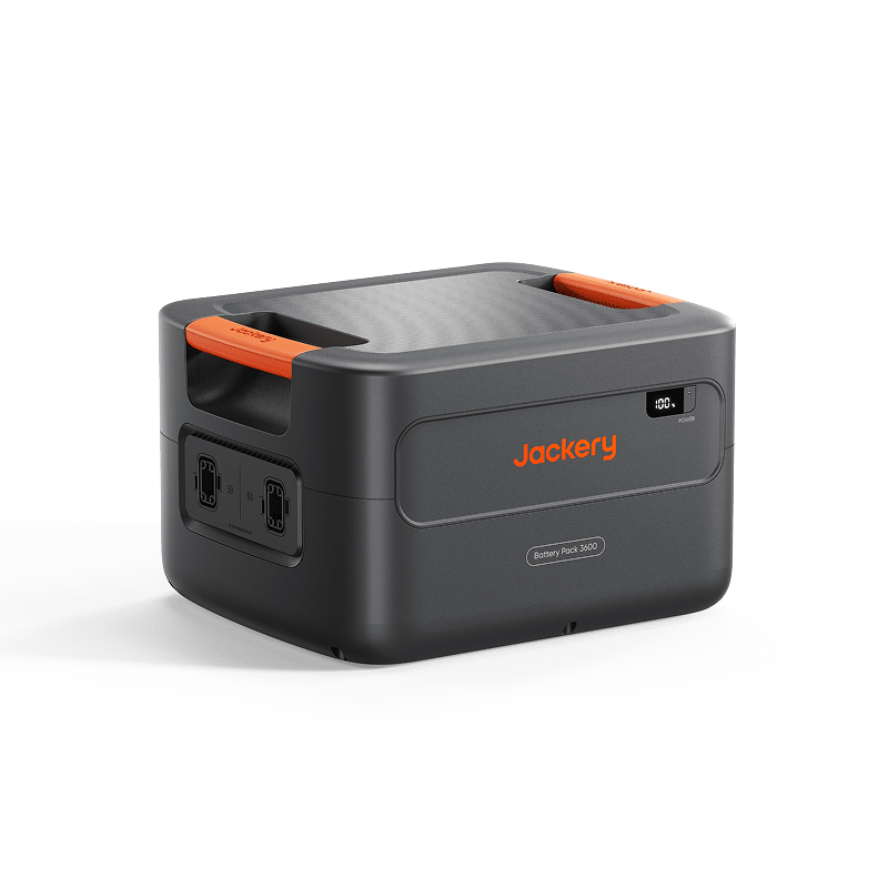 Dark gray Jackery Battery Pack 3600 with orange dual handles, top vents, and front display showing 100%.