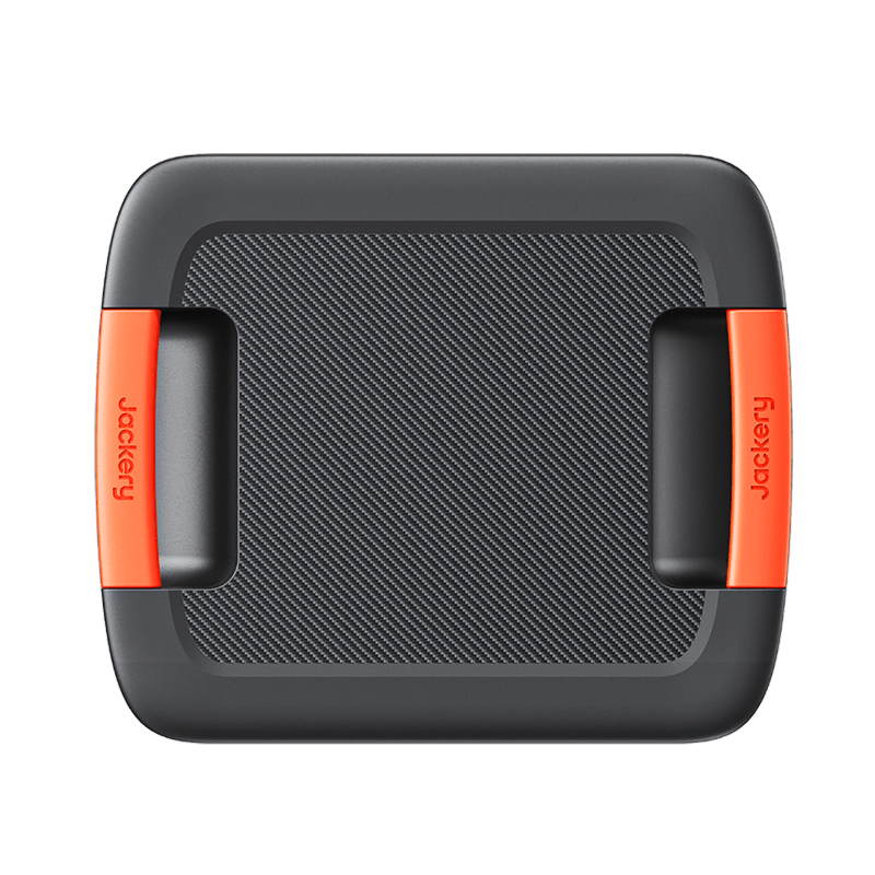 Jackery Battery Pack 3600 Plus, a compact dark gray unit with carbon fiber texture and orange dual handles.