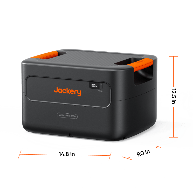 Jackery Battery Pack 3600, a black portable power station with orange handles and a digital display.