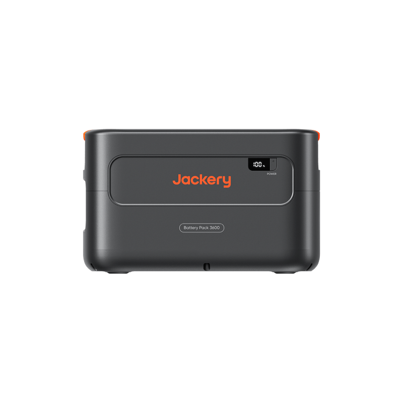 Jackery Battery Pack 3600 Plus, a dark gray portable power station with orange accents and a digital display.