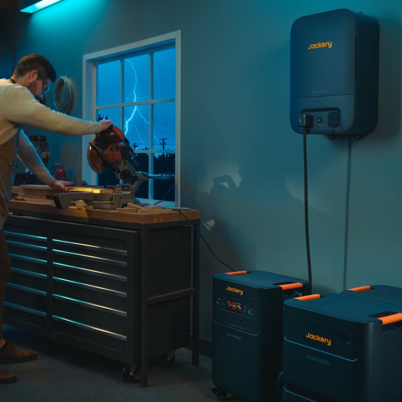 Dark blue Jackery battery pack and power station in a workshop with a man using a saw during a lightning storm.