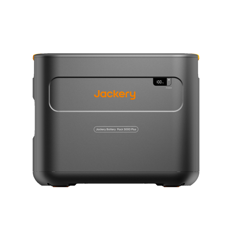 Jackery Battery Pack 5000 Plus, a compact dark gray power bank with orange Jackery logo and digital display.