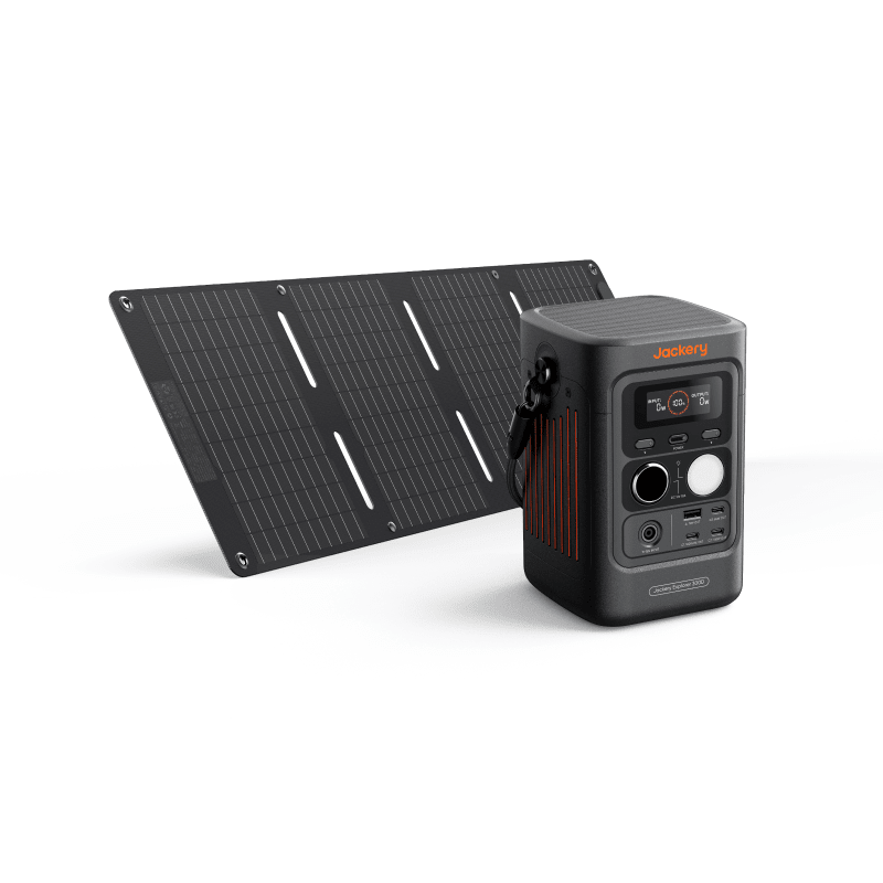Jackery Explorer 300D portable power station with solar panel, black and orange design.