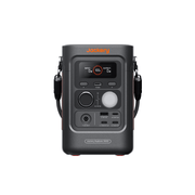 Jackery Explorer 300D portable power station, dark gray with orange accents, display, multiple ports, and integrated USB-C strap.