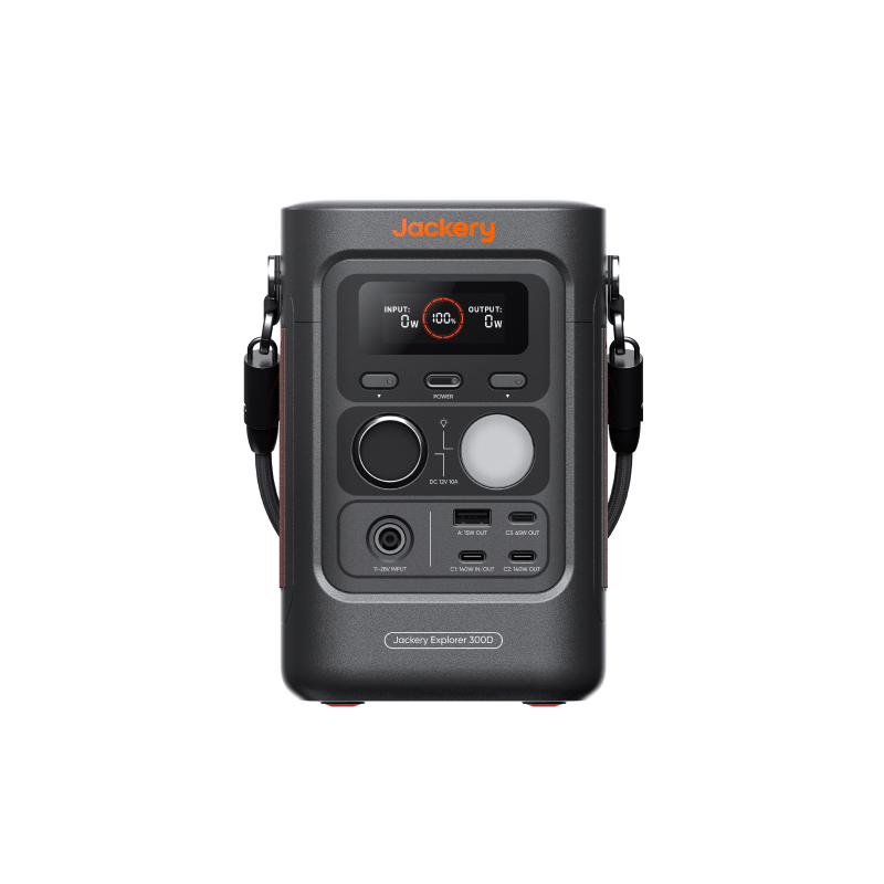 Jackery Explorer 300D portable power station, dark gray with orange accents, display, multiple ports, and integrated USB-C strap.