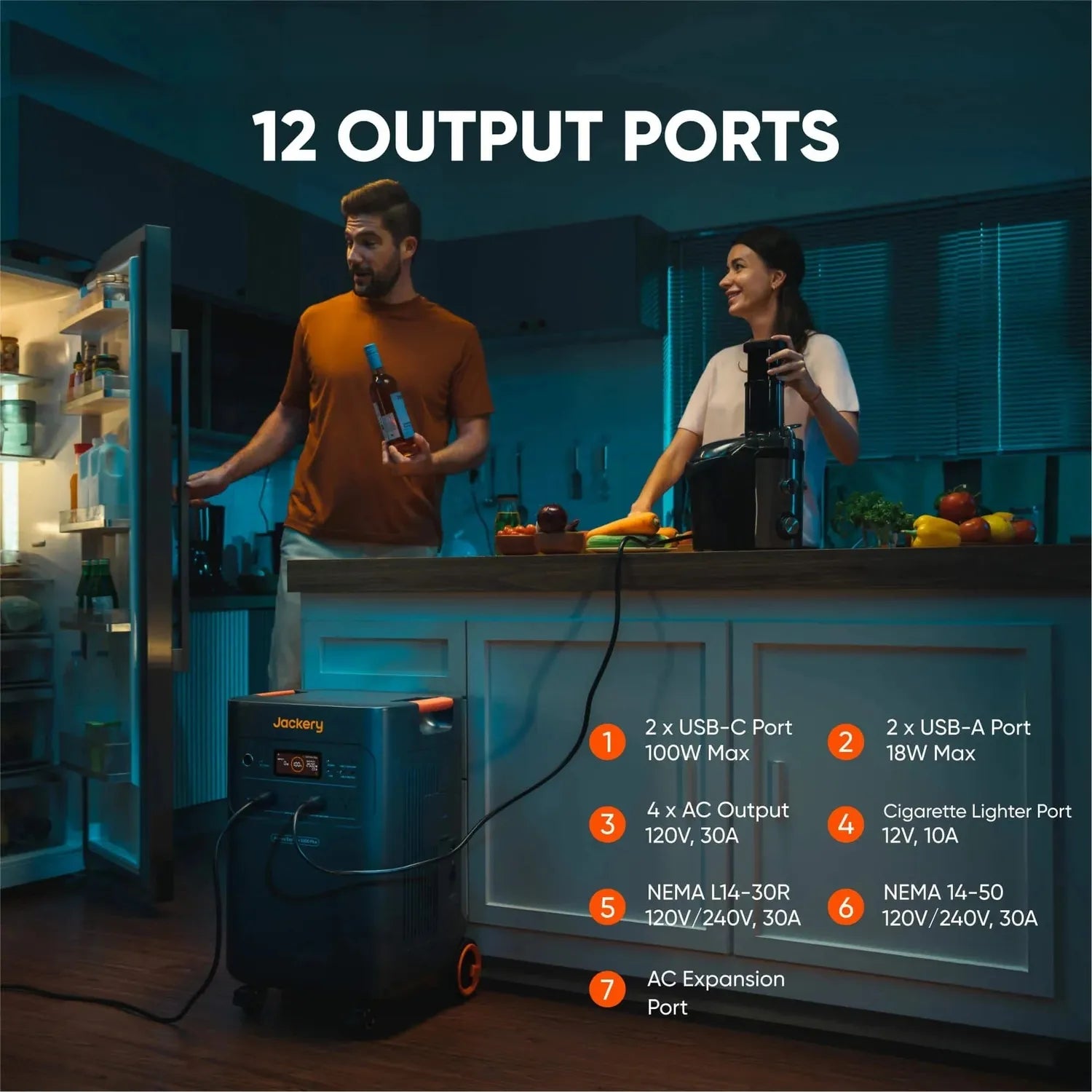 Jackery Explorer 5000 Plus portable power station, dark gray with orange accents, powering kitchen appliances.