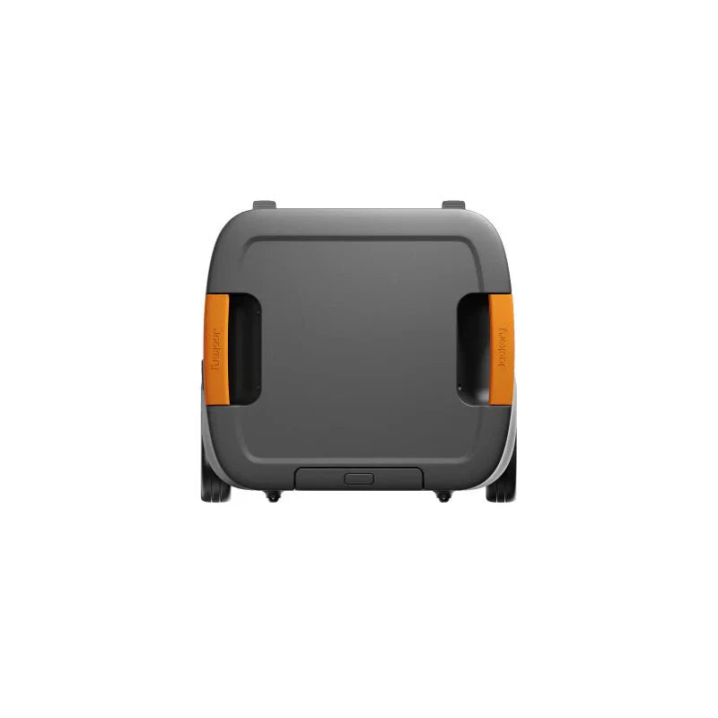 Jackery Explorer 5000 Plus portable power station, dark gray with orange side handles, top-down view.
