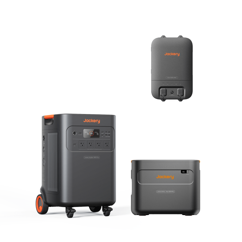Jackery Explorer 5000 Plus portable power station with orange accents, shown with an expansion battery and smart transfer switch.
