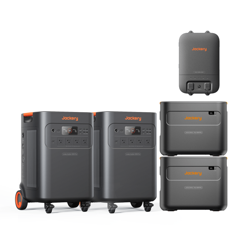 Jackery Explorer 5000 Plus portable power station with two battery packs and a smart transfer switch.