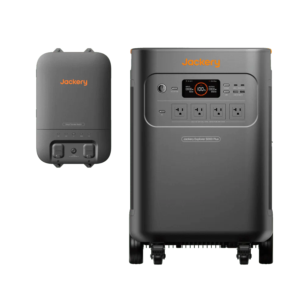 Jackery Explorer 5000 Plus portable power station in dark gray with orange accents, next to a matching Smart Transfer Switch.
