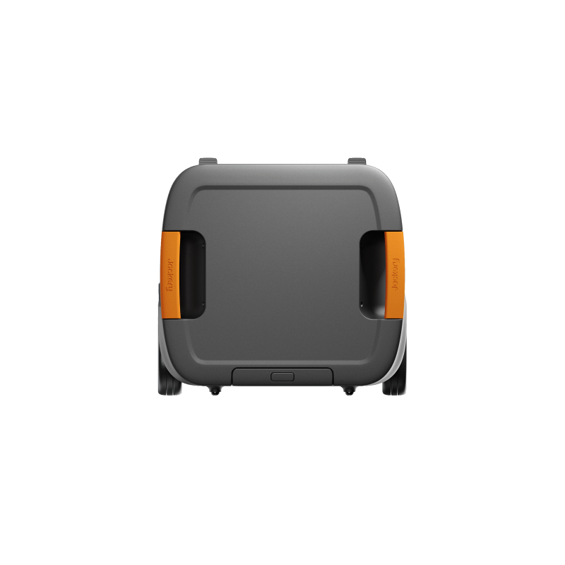 Top-down view of the Jackery Explorer 5000 Plus, a dark gray portable power station with orange handles.