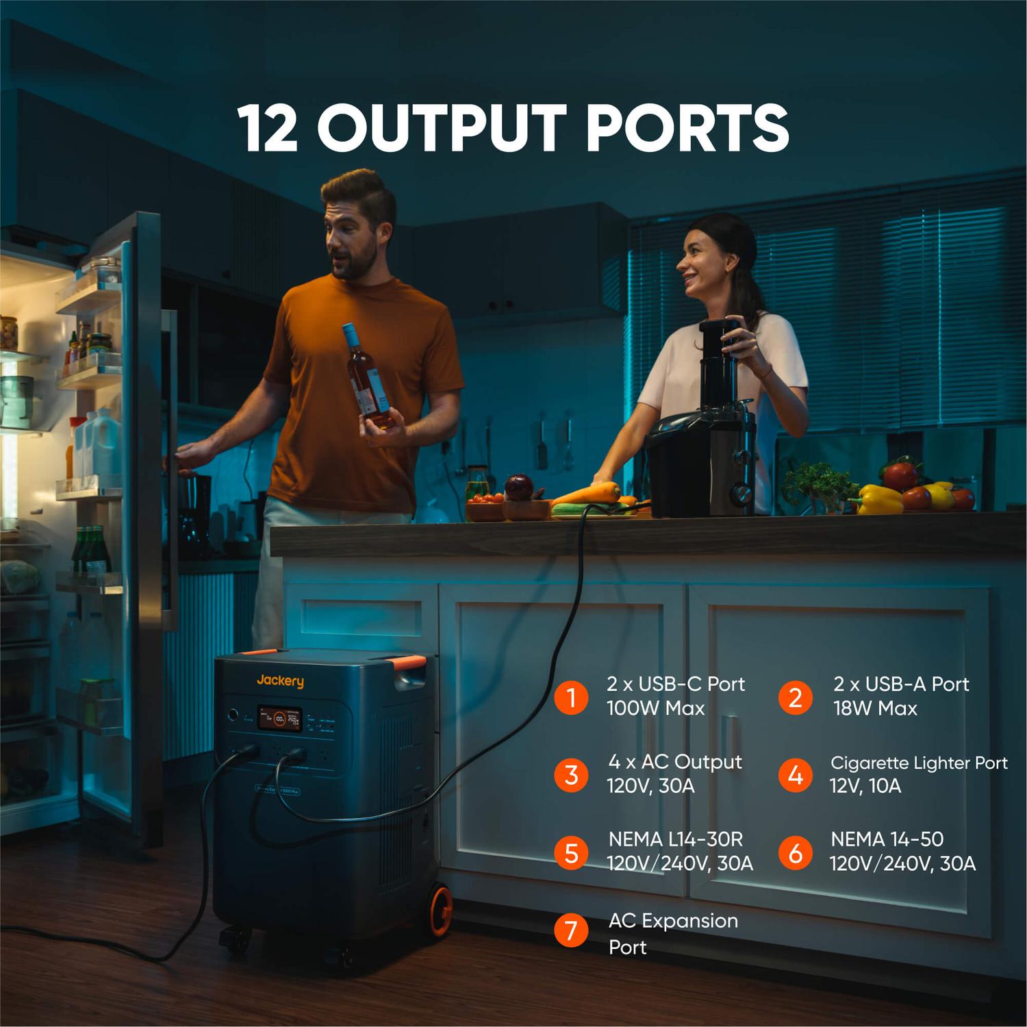 Jackery Explorer 5000 Plus portable power station, dark gray with orange accents, powering a kitchen.