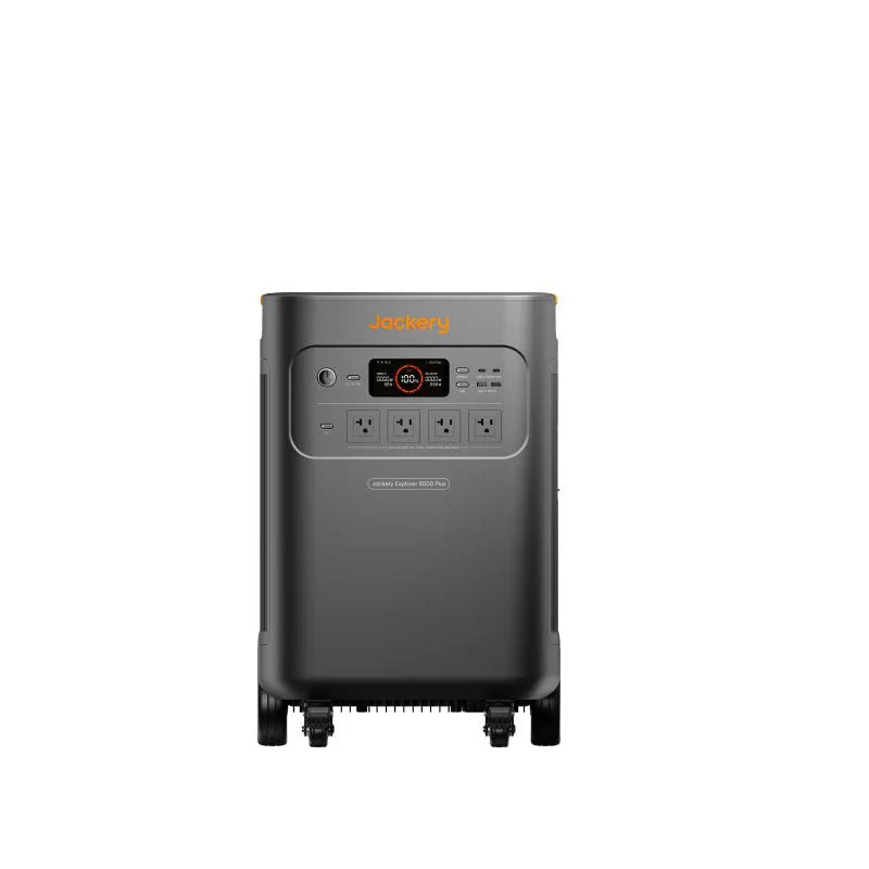Jackery Explorer 5000 Plus portable power station, dark gray with orange accents, on wheels.