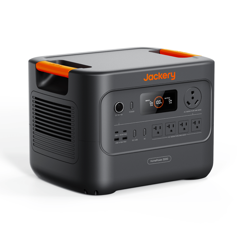 Jackery HomePower 3000 portable power station, dark gray with orange handles and multiple outlets.