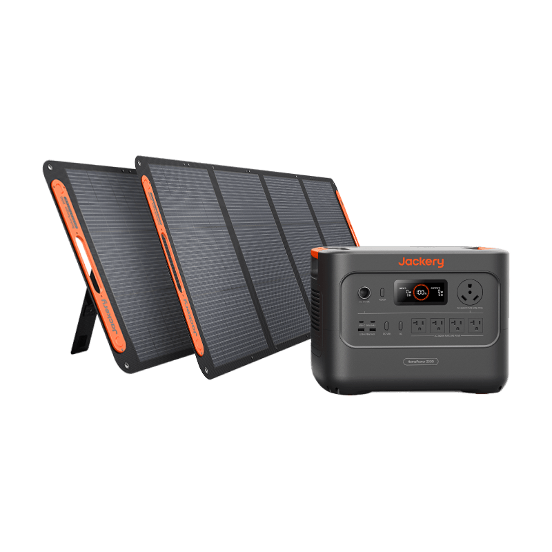 Jackery HomePower 3000 portable power station in dark gray with orange accents, next to two black solar panels.