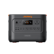 Jackery HomePower 3000 portable power station, dark gray with orange accents, multiple outlets and digital display.