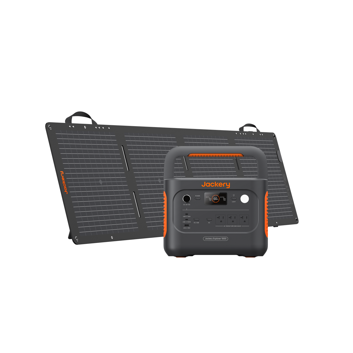 Jackery Explorer 1000 v2 portable power station with orange accents and a black foldable solar panel.
