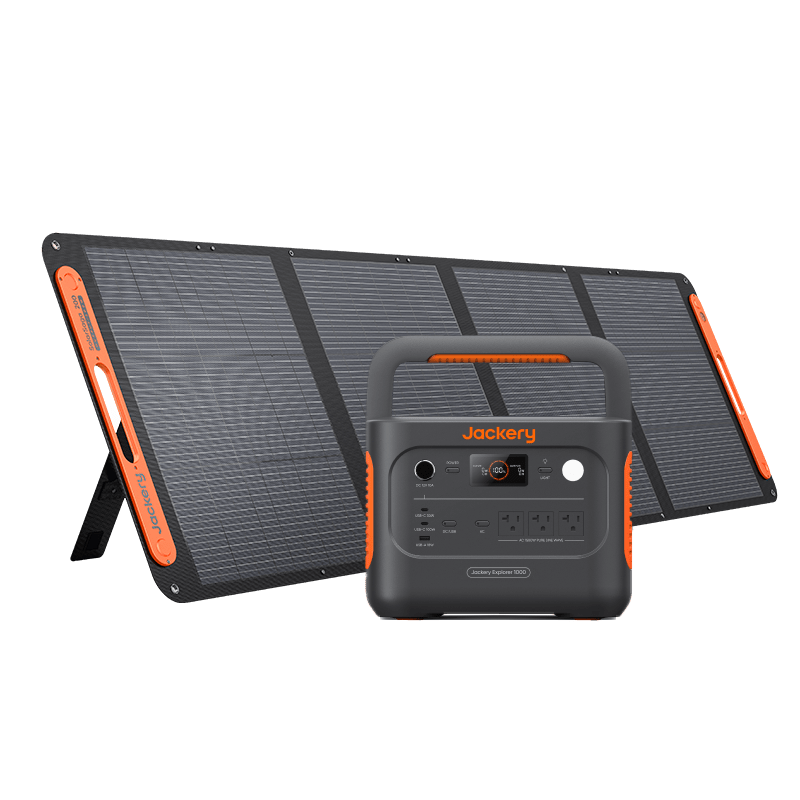 Jackery Explorer 1000 v2 portable power station and a black solar panel with orange accents.