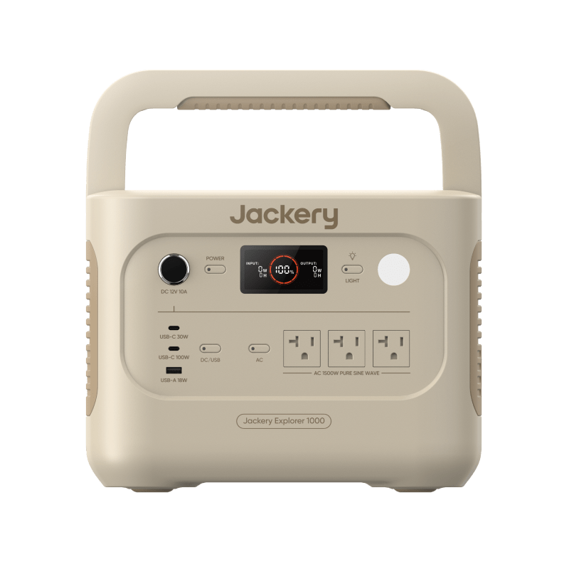 Jackery Explorer 1000 v2 portable power station in beige with top handle, digital display, and multiple power outlets.