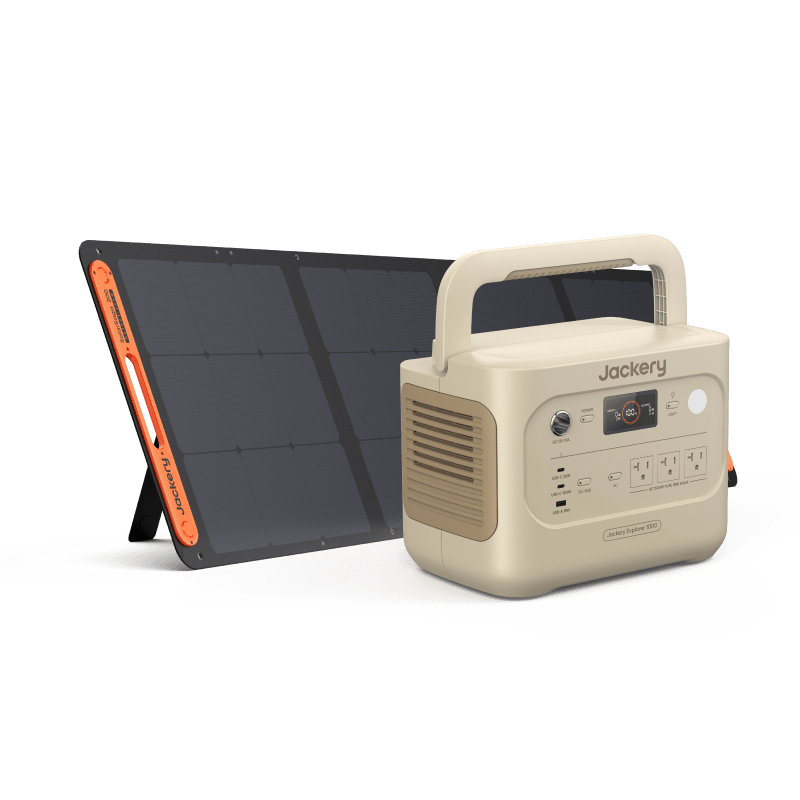 Jackery Explorer 1000 v2 portable power station in beige with a black and orange solar panel.