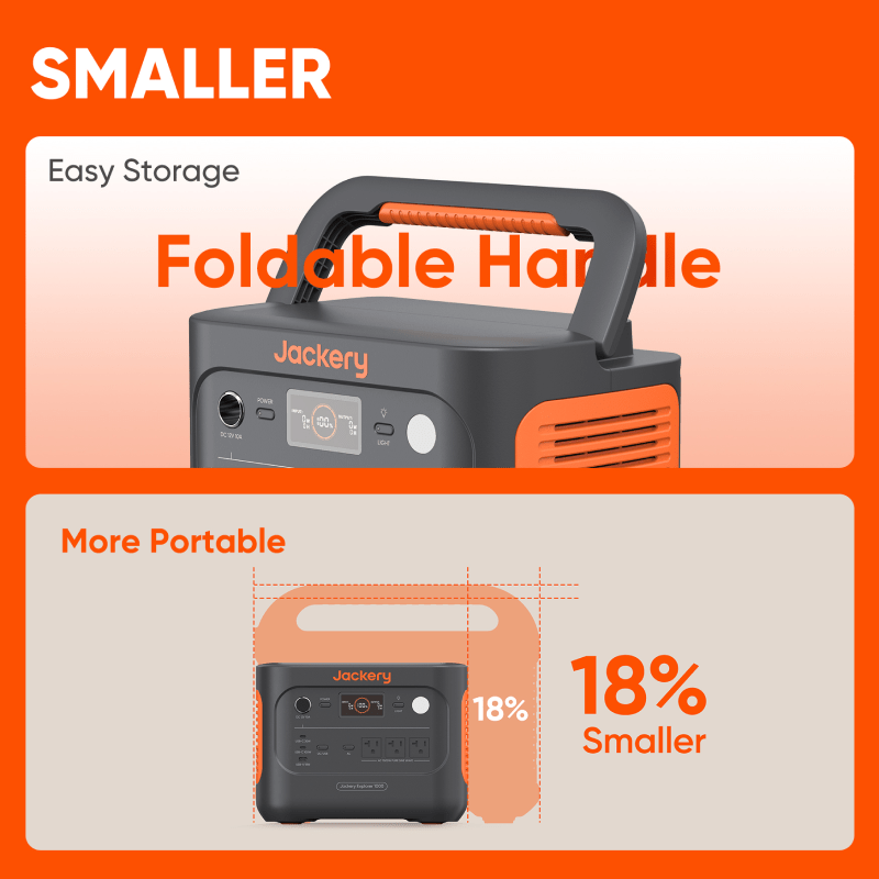 Jackery Explorer 1000 v2 portable power station in black and orange, showing its foldable handle and compact size.