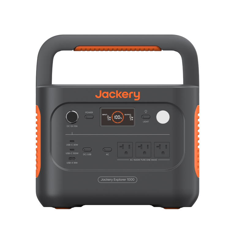 Jackery Explorer 1000 v2 portable power station, dark gray with orange accents, multiple power ports.